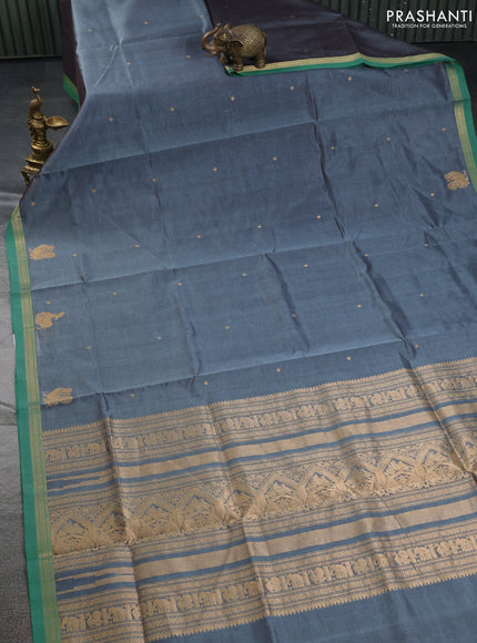 Kanchipuram silk cotton saree grey and green with zari woven buttas and zari woven border
