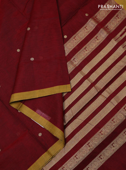 Kanchipuram silk cotton saree maroon and sandal with zari woven buttas and simple border