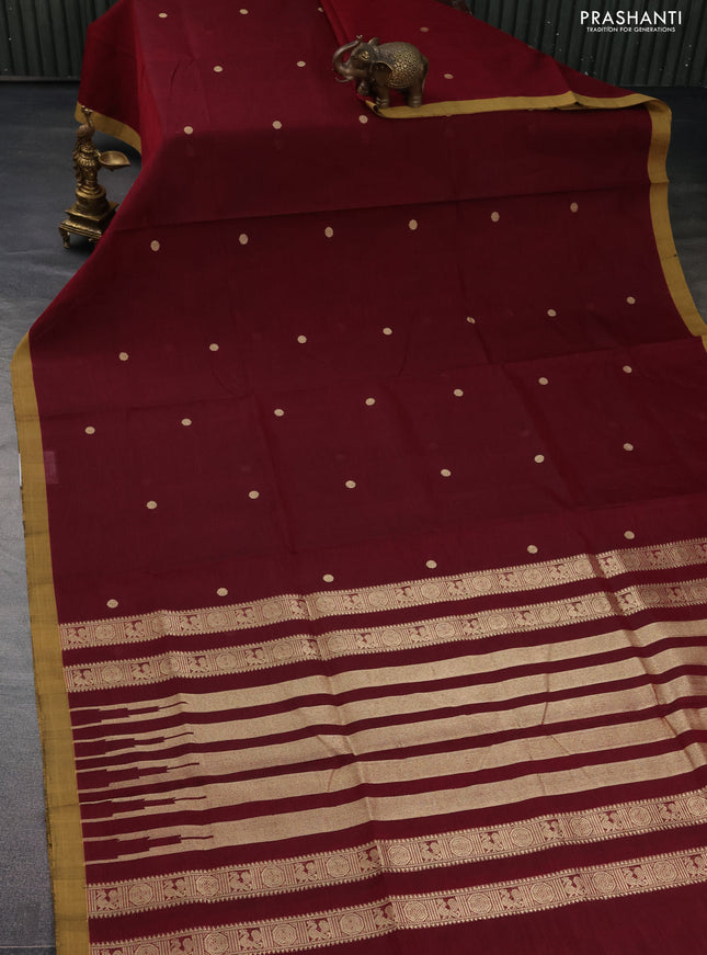 Kanchipuram silk cotton saree maroon and sandal with zari woven buttas and simple border