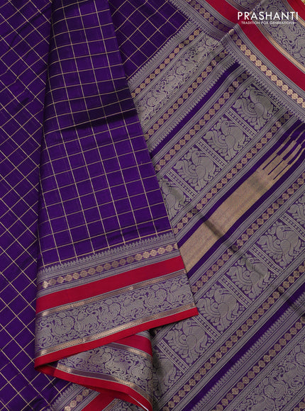 Kanchipuram silk cotton saree blue and reddish pink with allover zari checked pattern and thread woven border