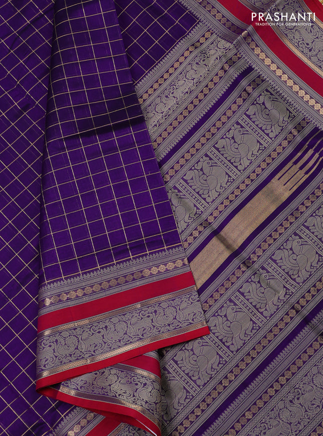 Kanchipuram silk cotton saree blue and reddish pink with allover zari checked pattern and thread woven border