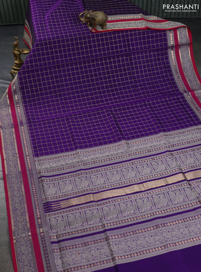 Kanchipuram silk cotton saree blue and reddish pink with allover zari checked pattern and thread woven border
