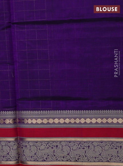 Kanchipuram silk cotton saree blue and reddish pink with allover zari checked pattern and thread woven border