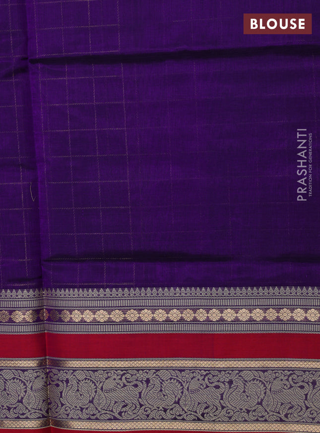 Kanchipuram silk cotton saree blue and reddish pink with allover zari checked pattern and thread woven border
