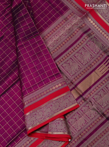 Kanchipuram silk cotton saree purple and pink with allover zari checked pattern and thread woven border
