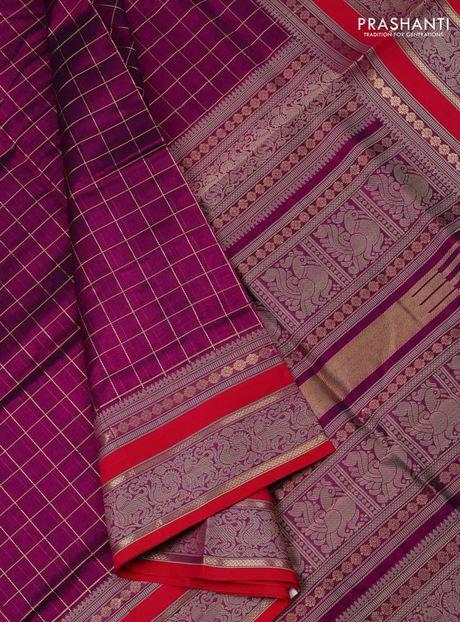 Kanchipuram silk cotton saree purple and pink with allover zari checked pattern and thread woven border