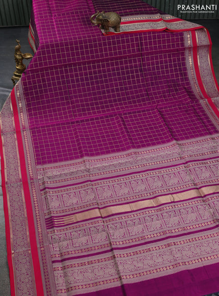 Kanchipuram silk cotton saree purple and pink with allover zari checked pattern and thread woven border