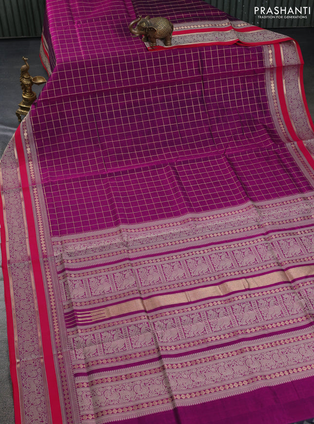 Kanchipuram silk cotton saree purple and pink with allover zari checked pattern and thread woven border