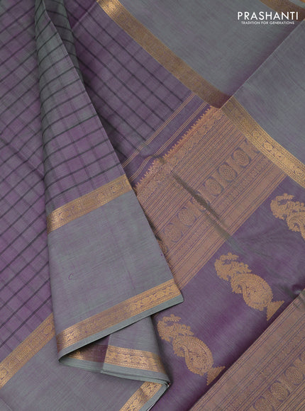 Kanchipuram silk cotton saree dual shade of purple and pastel green with allover thread woven checked pattern and long rettapet zari woven border