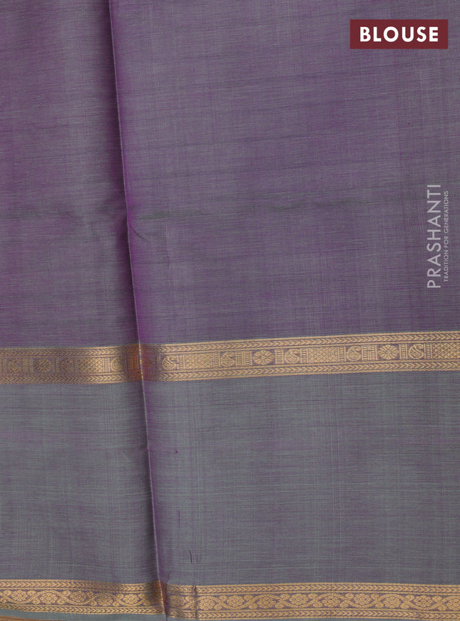 Kanchipuram silk cotton saree dual shade of purple and pastel green with allover thread woven checked pattern and long rettapet zari woven border