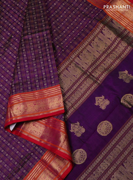 Kanchipuram silk cotton saree purple and pink with allover thread checks & buttas and zari woven border