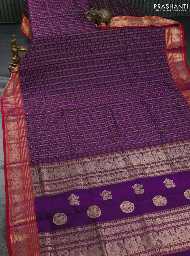 Kanchipuram silk cotton saree purple and pink with allover thread checks & buttas and zari woven border