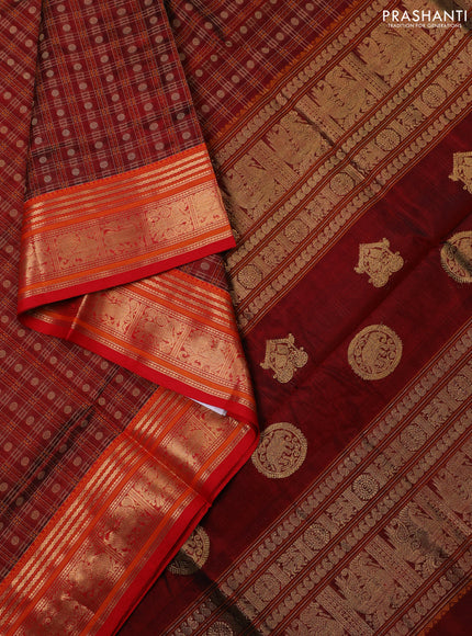 Kanchipuram silk cotton saree maroon and red with allover thread checks & buttas and zari woven border