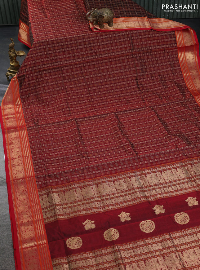 Kanchipuram silk cotton saree maroon and red with allover thread checks & buttas and zari woven border