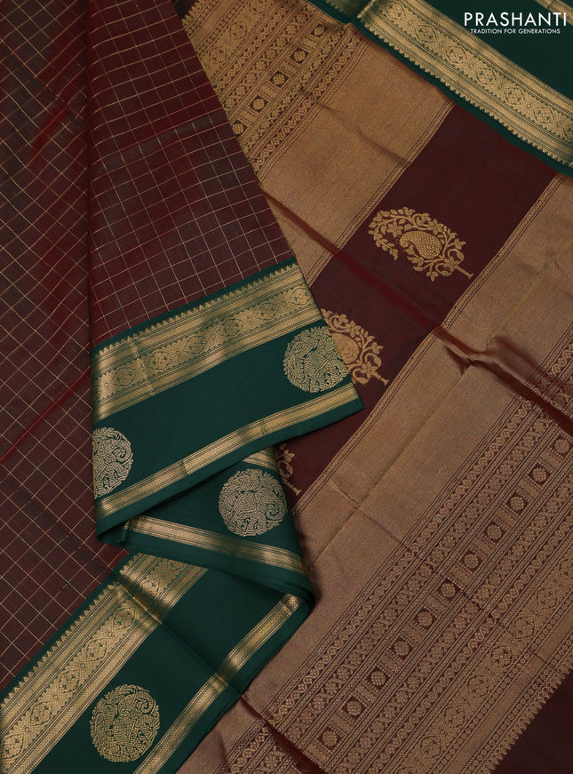 Kanchipuram silk cotton saree dual shade of maroon and green with allover zari checked pattern and zari woven butta border