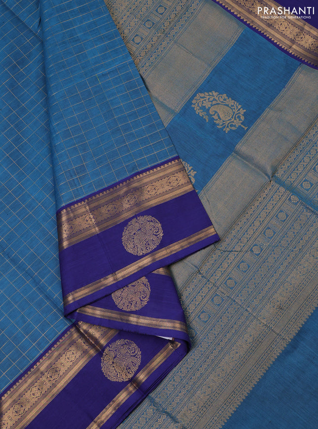 Kanchipuram silk cotton saree pastel blue with allover zari checked pattern and zari woven butta border