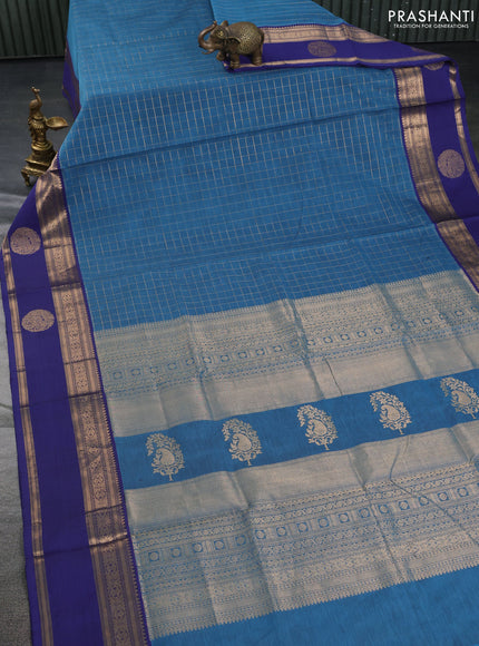 Kanchipuram silk cotton saree pastel blue with allover zari checked pattern and zari woven butta border