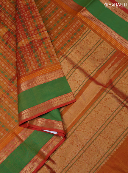 Kanchipuram silk cotton saree dual shade of mustard and green with allover thread checks & buttas and rettapet zari woven border
