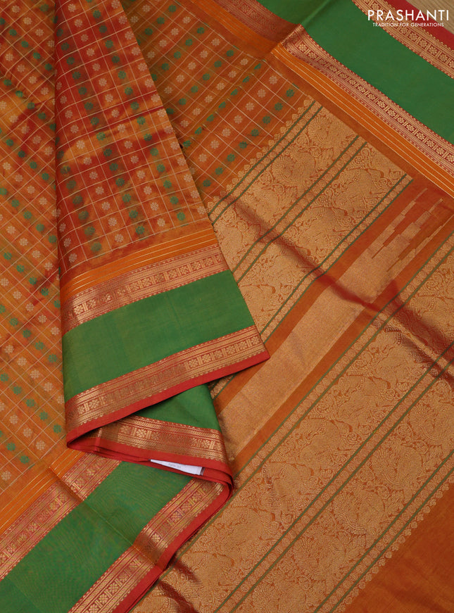 Kanchipuram silk cotton saree dual shade of mustard and green with allover thread checks & buttas and rettapet zari woven border