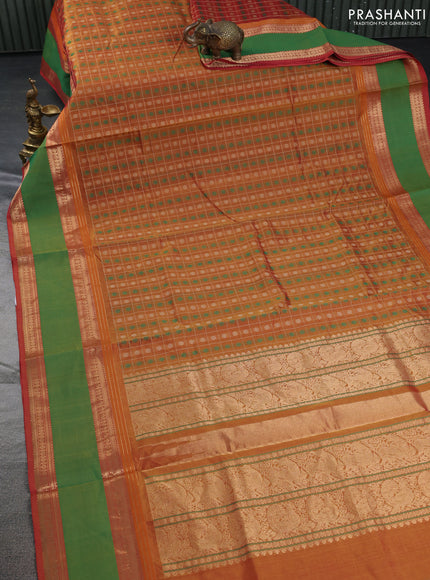 Kanchipuram silk cotton saree dual shade of mustard and green with allover thread checks & buttas and rettapet zari woven border