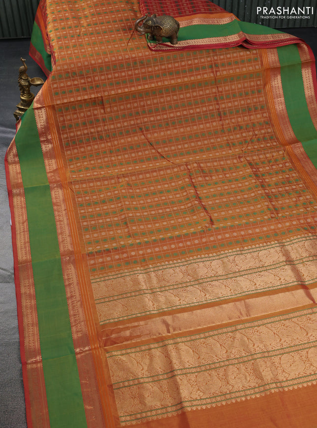 Kanchipuram silk cotton saree dual shade of mustard and green with allover thread checks & buttas and rettapet zari woven border