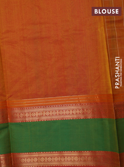 Kanchipuram silk cotton saree dual shade of mustard and green with allover thread checks & buttas and rettapet zari woven border