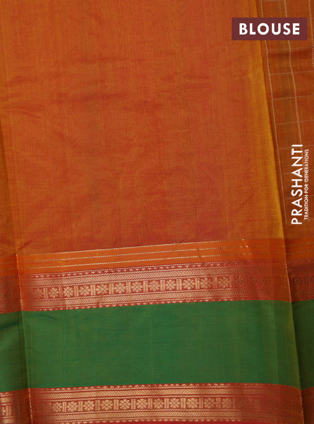 Kanchipuram silk cotton saree dual shade of mustard and green with allover thread checks & buttas and rettapet zari woven border