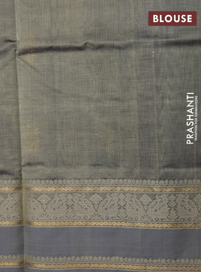 Kanchipuram silk cotton saree grey shade with zari woven buttas and thread woven border