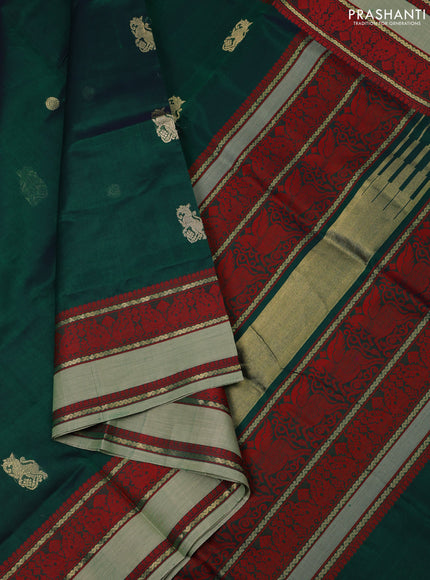Kanchipuram silk cotton saree green and pastel green with zari woven buttas and thread woven border