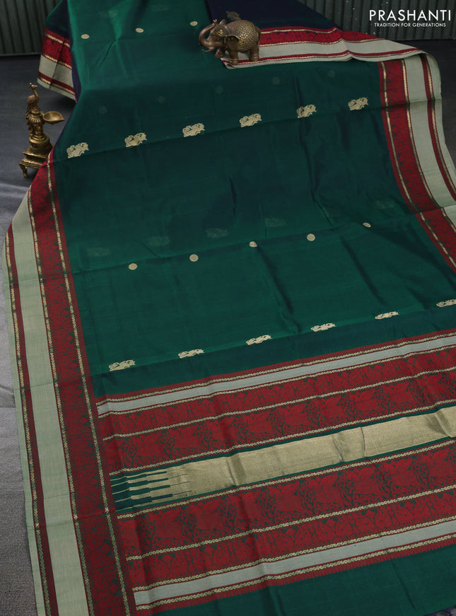 Kanchipuram silk cotton saree green and pastel green with zari woven buttas and thread woven border