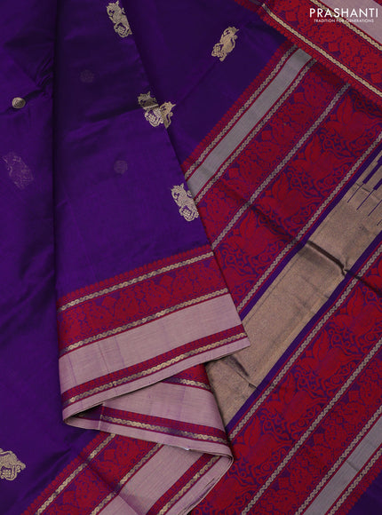 Kanchipuram silk cotton saree violet and grey with zari woven buttas and thread woven border