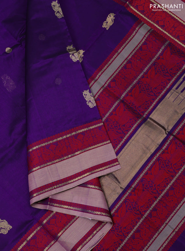 Kanchipuram silk cotton saree violet and grey with zari woven buttas and thread woven border