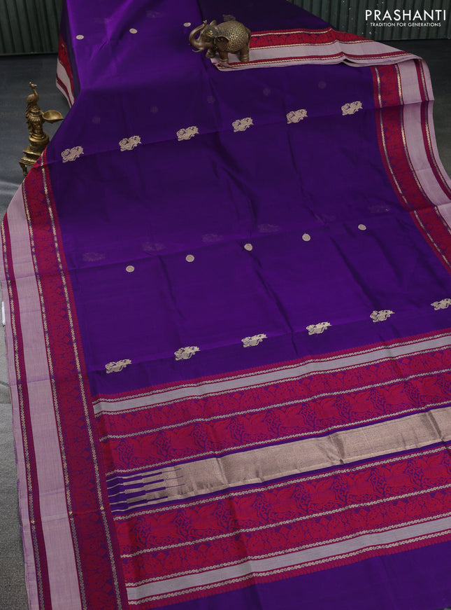Kanchipuram silk cotton saree violet and grey with zari woven buttas and thread woven border