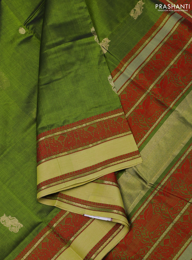Kanchipuram silk cotton saree green and pista green with zari woven buttas and thread woven border