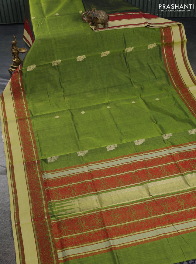 Kanchipuram silk cotton saree green and pista green with zari woven buttas and thread woven border