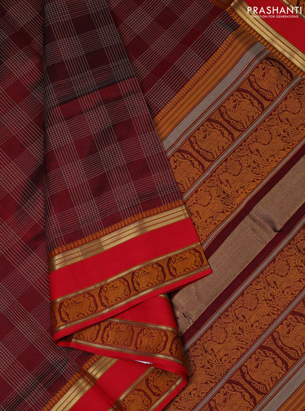 Kanchipuram silk cotton saree maroon and red with allover thread woven checked pattern and rettapet woven border