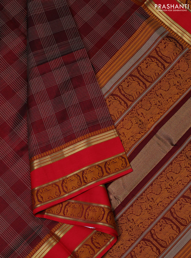 Kanchipuram silk cotton saree maroon and red with allover thread woven checked pattern and rettapet woven border