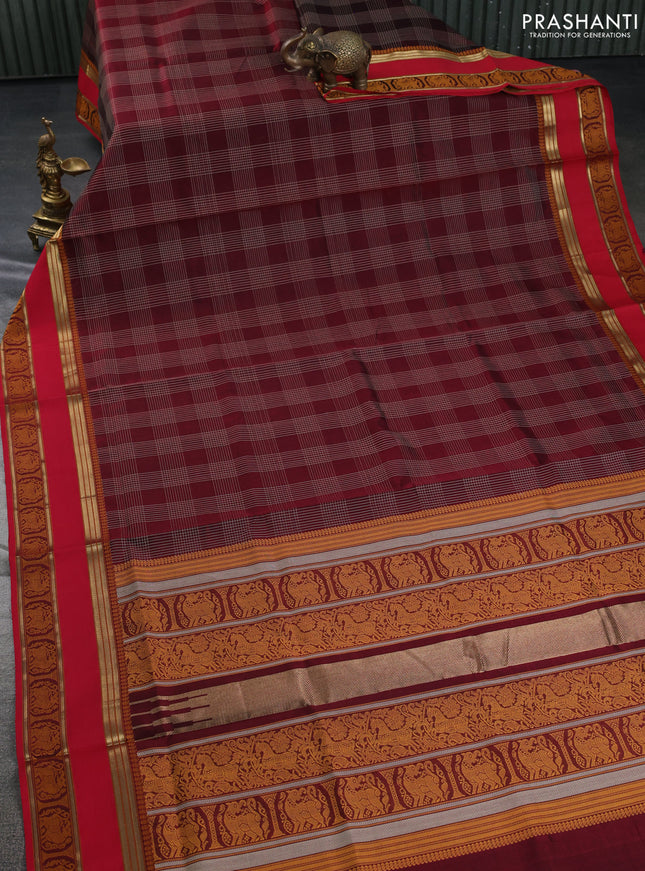 Kanchipuram silk cotton saree maroon and red with allover thread woven checked pattern and rettapet woven border