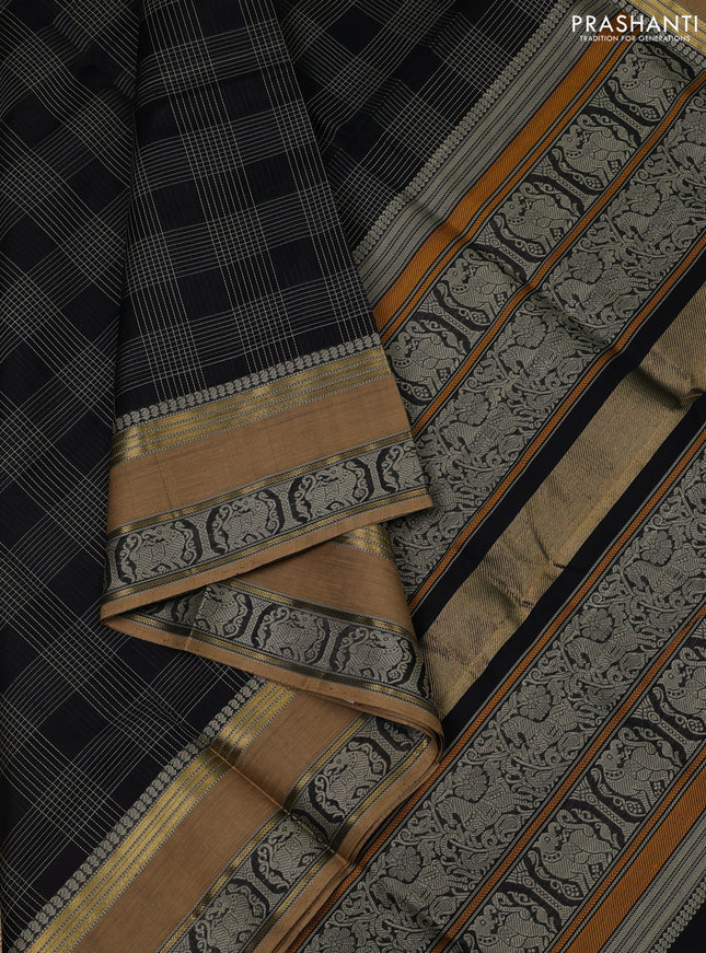 Kanchipuram silk cotton saree black and beige with allover thread woven checked pattern and rettapet woven border