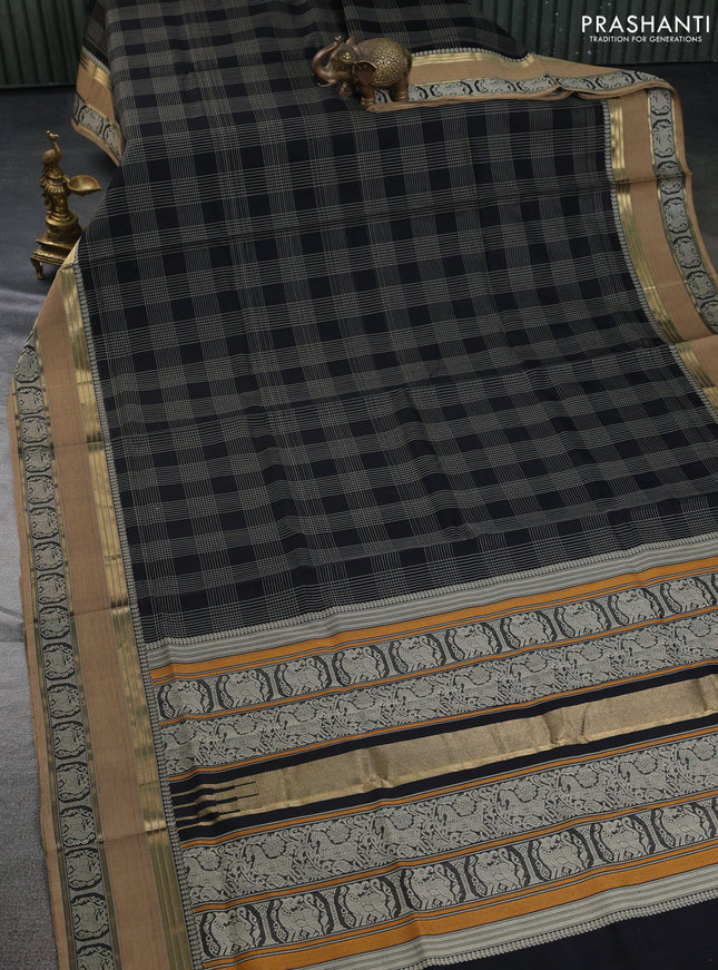 Kanchipuram silk cotton saree black and beige with allover thread woven checked pattern and rettapet woven border
