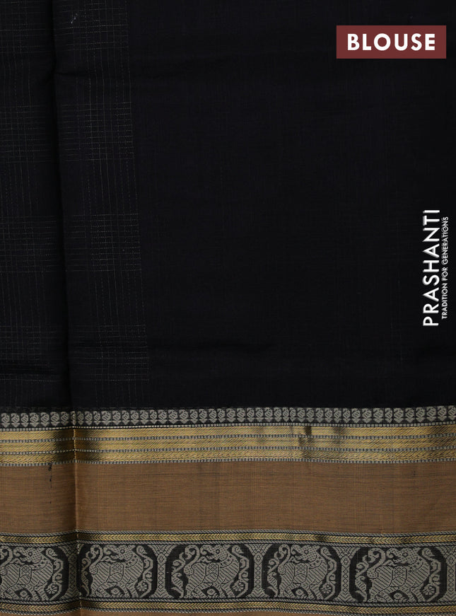 Kanchipuram silk cotton saree black and beige with allover thread woven checked pattern and rettapet woven border
