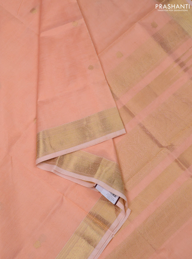 Kanchipuram silk cotton saree peach orange with zari woven buttas and zari woven border