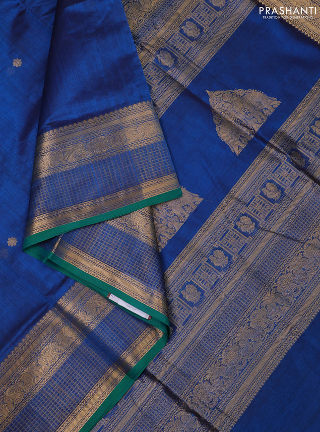 Kanchipuram silk cotton saree cs blue and green with zari woven buttas and zari woven border