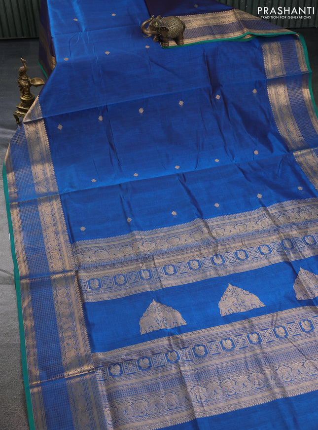 Kanchipuram silk cotton saree cs blue and green with zari woven buttas and zari woven border