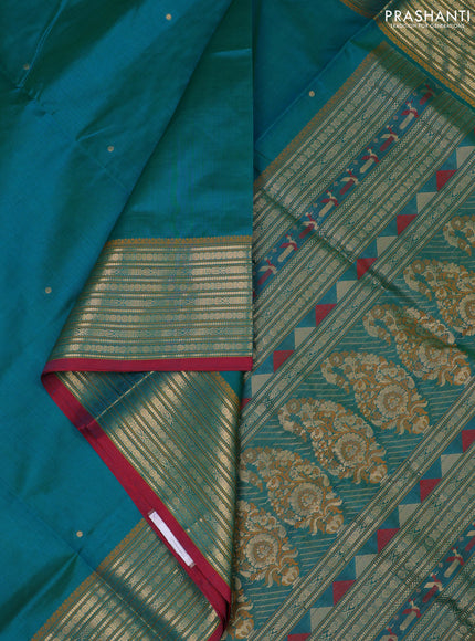 Kanchipuram silk cotton saree teal green and maroon with zari woven buttas and zari woven border