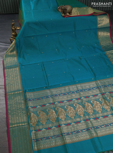 Kanchipuram silk cotton saree teal green and maroon with zari woven buttas and zari woven border