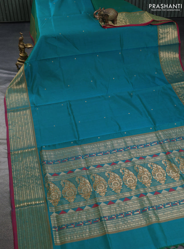 Kanchipuram silk cotton saree teal green and maroon with zari woven buttas and zari woven border