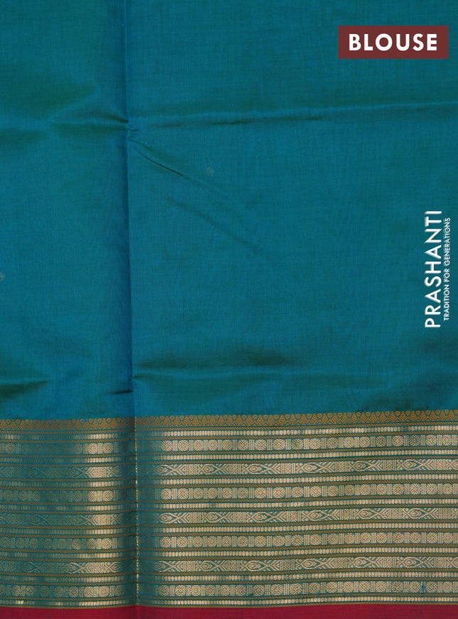 Kanchipuram silk cotton saree teal green and maroon with zari woven buttas and zari woven border