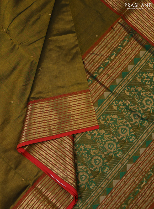 Kanchipuram silk cotton saree mehendi green and maroon with zari woven buttas and zari woven border