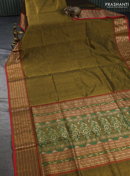 Kanchipuram silk cotton saree mehendi green and maroon with zari woven buttas and zari woven border